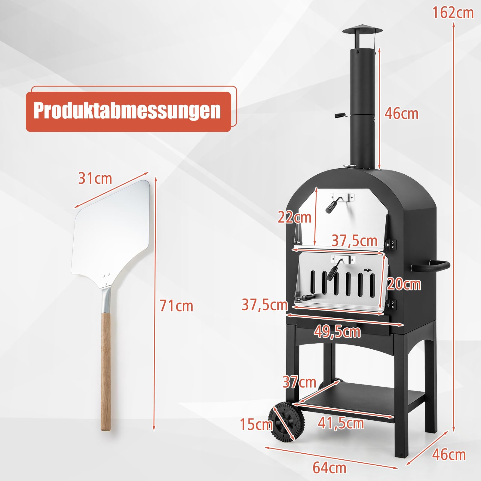 COSTWAY Pizzaofen Outdoor, holzbefeuerter Pizza Ofen mit eingebautem Thermometer, praktischem Griff, Rädern, wasserdichter Abdeckung & Ascheauffangschublade