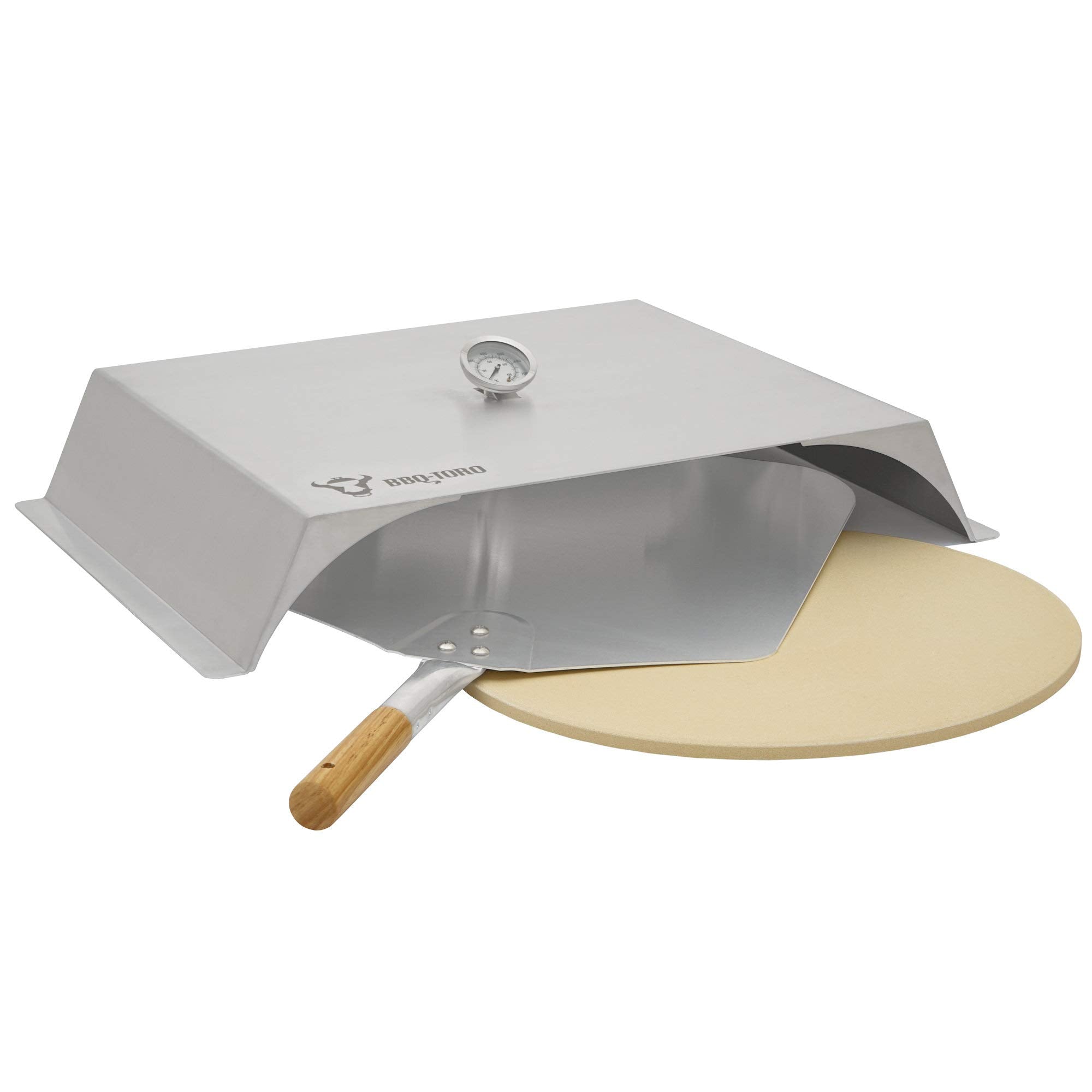 BBQ-Toro Edelstahl Pizzaaufsatz für Gas- und andere Grills | Pizzahaube mit Thermometer, Pizzastein und Schaufel | 56 x 39 cm | Pizzacover, Outdoor Haube für Pizzen | Grillzubehör, Grillparty