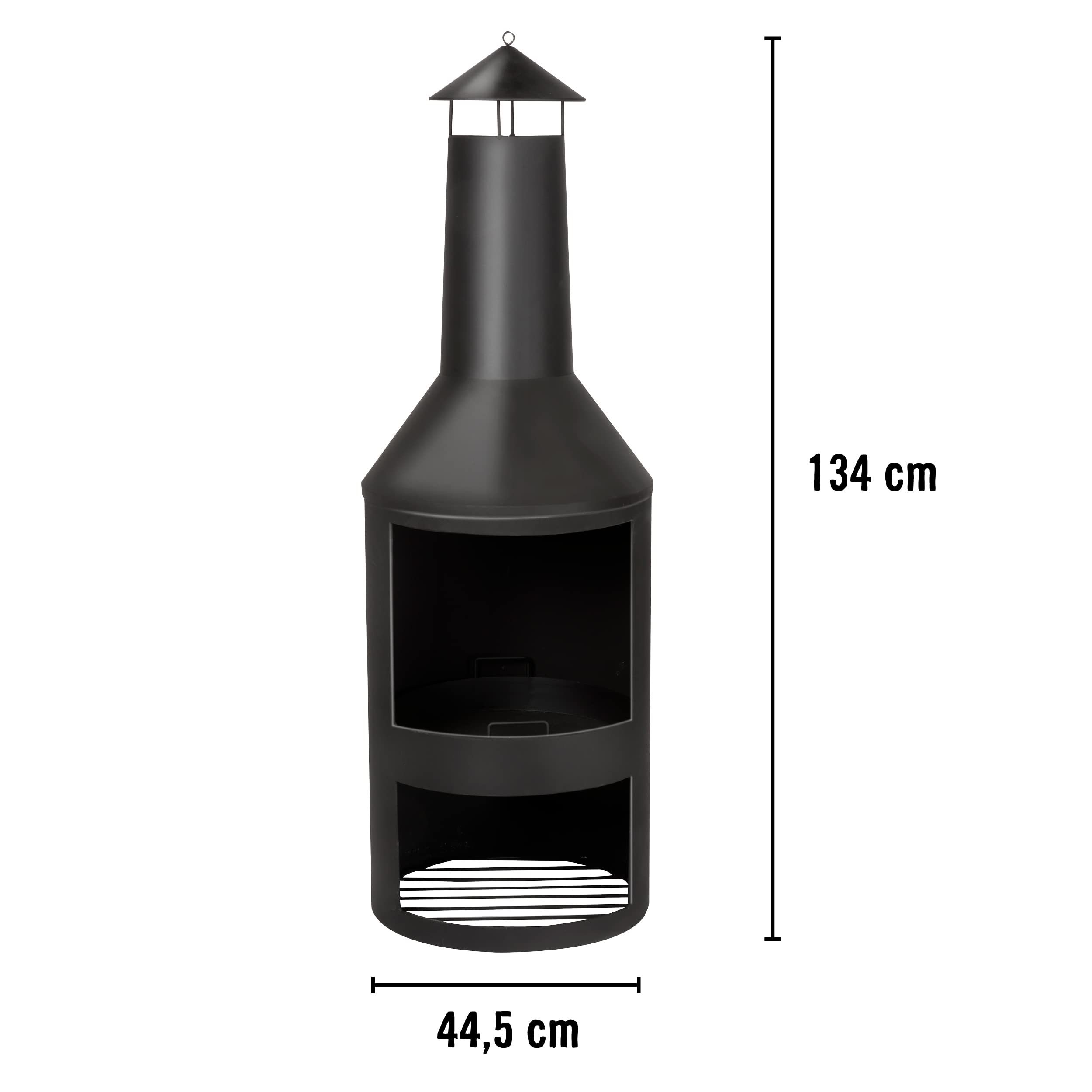BBQ Collection Terrassenofen mit Schornstein - Feuerstelle 44,5 x 44,5 x 134 cm - Gartenkamin für Brennholz - Gartenofen mit Funkenschutz und Holzablage - Terassenofen Außen - Karbonstahl