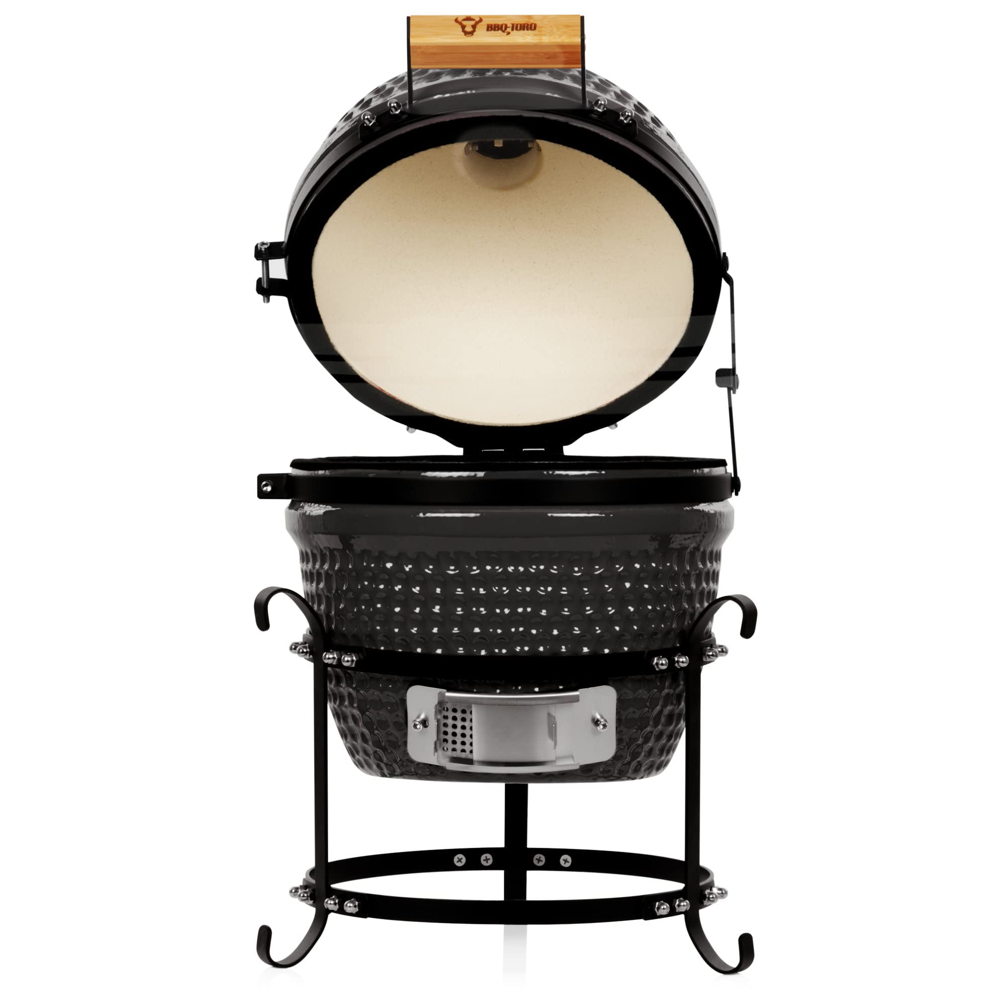 BBQ-Toro Kamado Grill Holzkohlegrill Haiiro Ø 32 cm | Schwarz | Mini Holzkohlegrill mit Thermometer & Holzgriffen | Keramikgrill rund | Ceramic Grill Ei, Smoker, BBQ Grillofen, Kamado BBQ