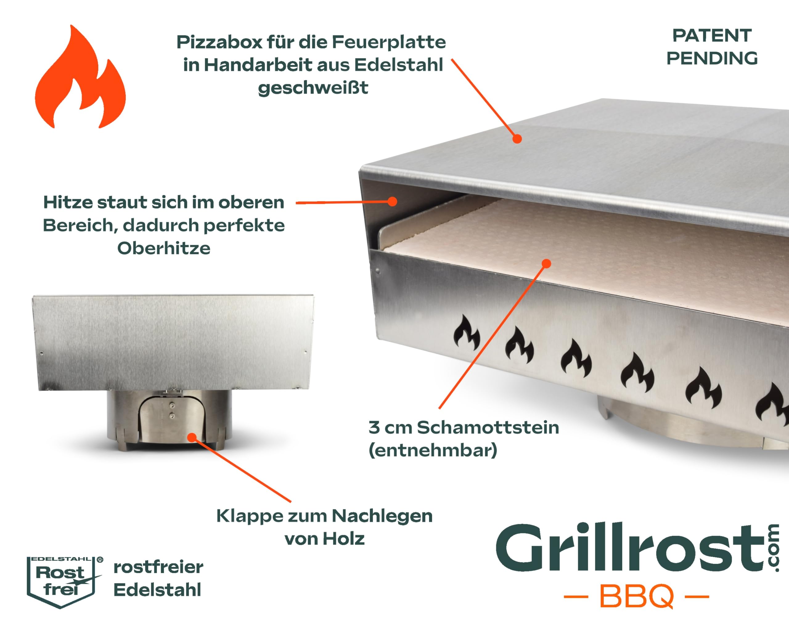 Grillrost.com Das Original Feuerplatte Pizzaaufsatz | Pizzabox aus Edelstahl - perfekte Oberhitze für Deine Pizza wie aus dem Holzofen