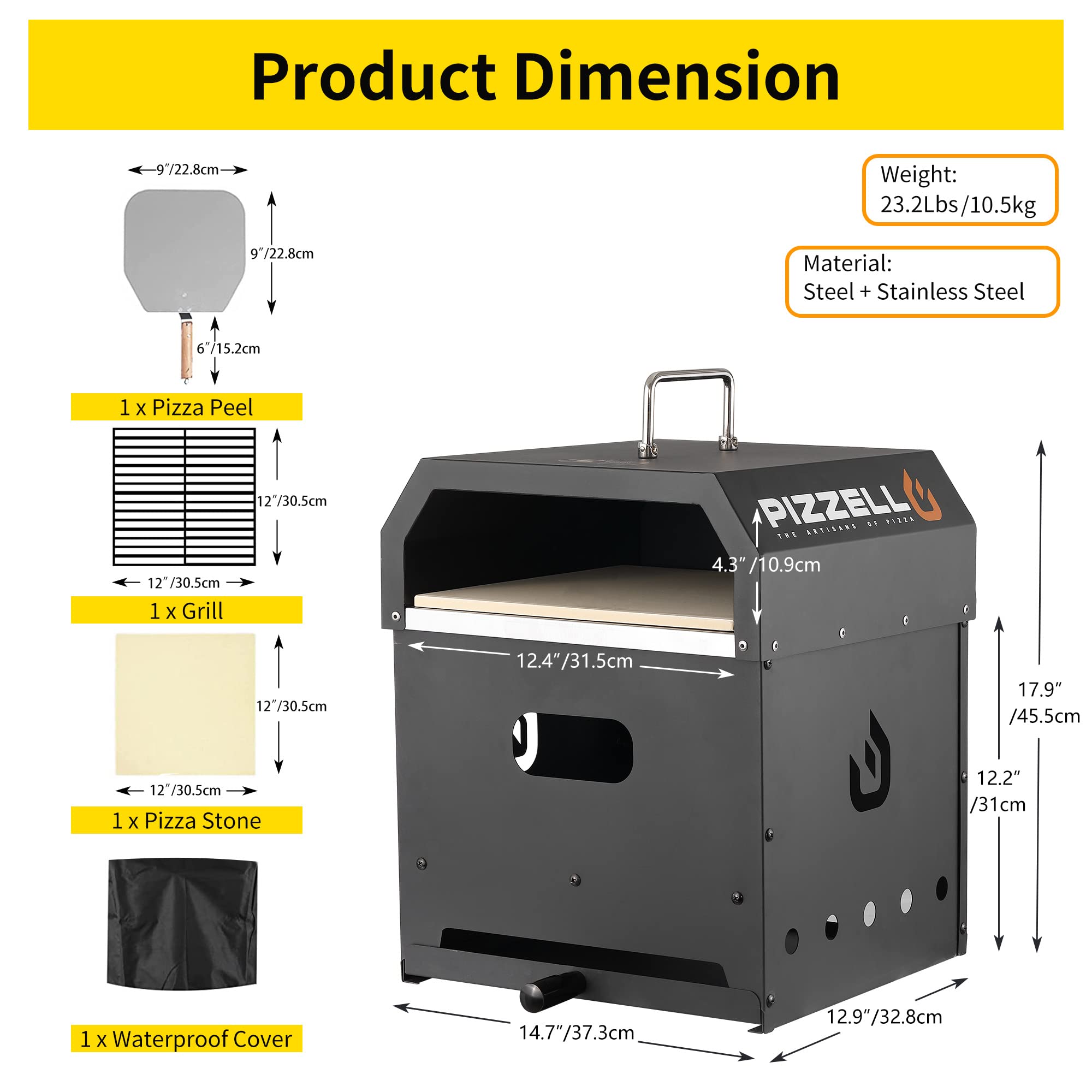 PIZZELLO Outdoor-Pizzaofen 4 in 1 holzbeheizter, abnehmbarer 2-Schicht-Außenofen mit Pizzastein, Pizzaschale, Deckel, Grillrost, Pizzello Gusto