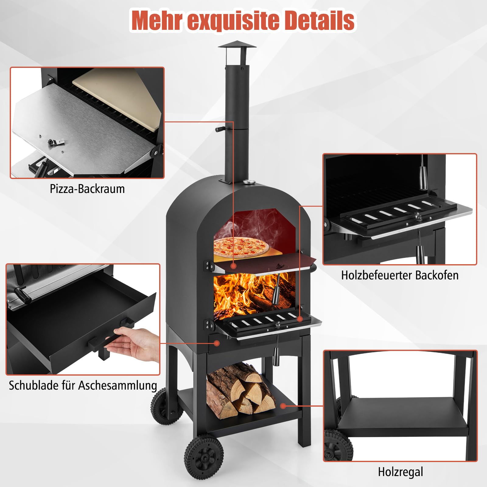 COSTWAY Pizzaofen Outdoor, holzbefeuerter Pizza Ofen mit eingebautem Thermometer, praktischem Griff, Rädern, wasserdichter Abdeckung & Ascheauffangschublade