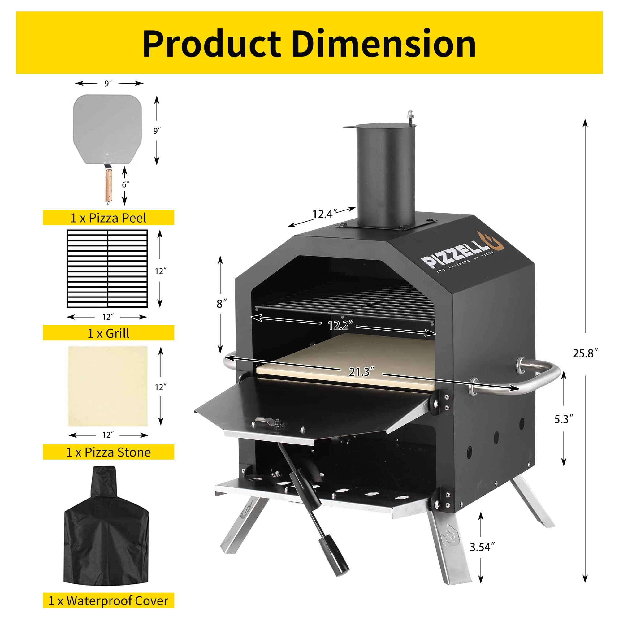 Pizzello Outdoor- Pizzaöfen Holzbefeuerter Pizzaöfen zum Backen von 2 Pizzen im Freien mit Pizzastein, Pizzaschieber, Deckel