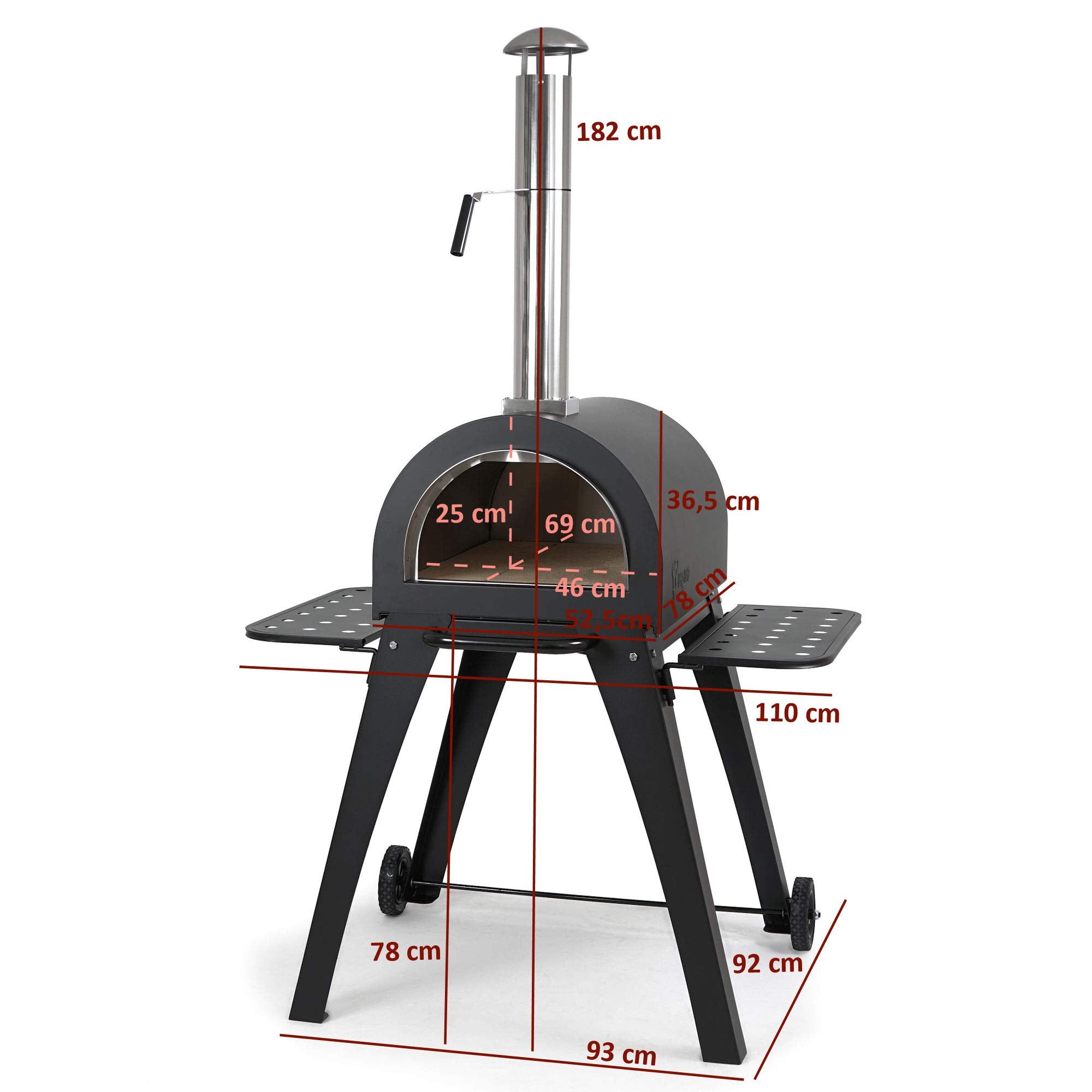 BBQ-Toro Pizzaofen "Havai" mit Schamottesteinen, 2 Seitenablagen und 2 Rädern | Pizza Steinbackofen für Garten, Terrasse | Outdoor Pizza Ofen, Holzbackofen, Pizza Grill