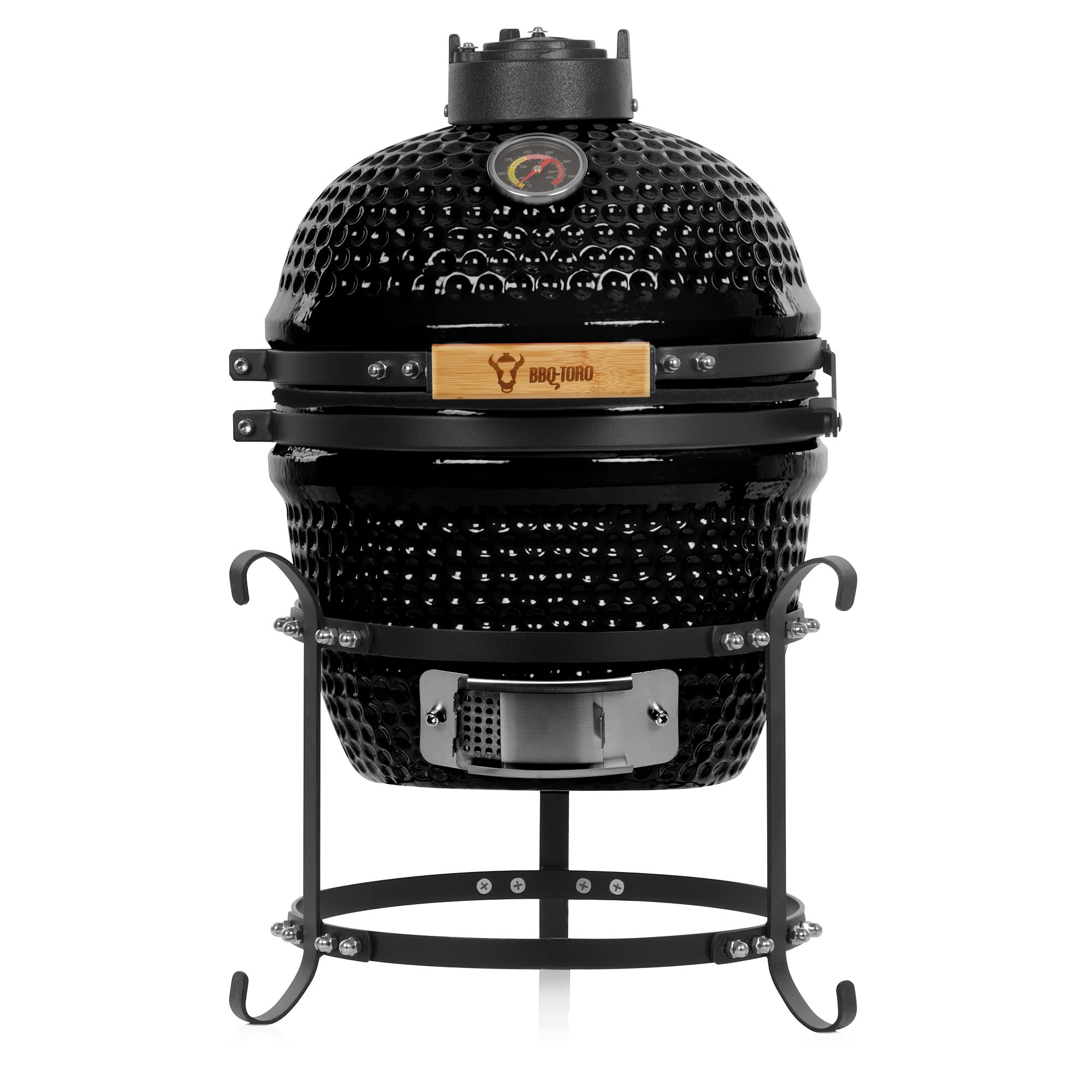 BBQ-Toro Kamado Grill Holzkohlegrill Haiiro Ø 32 cm | Schwarz | Mini Holzkohlegrill mit Thermometer & Holzgriffen | Keramikgrill rund | Ceramic Grill Ei, Smoker, BBQ Grillofen, Kamado BBQ