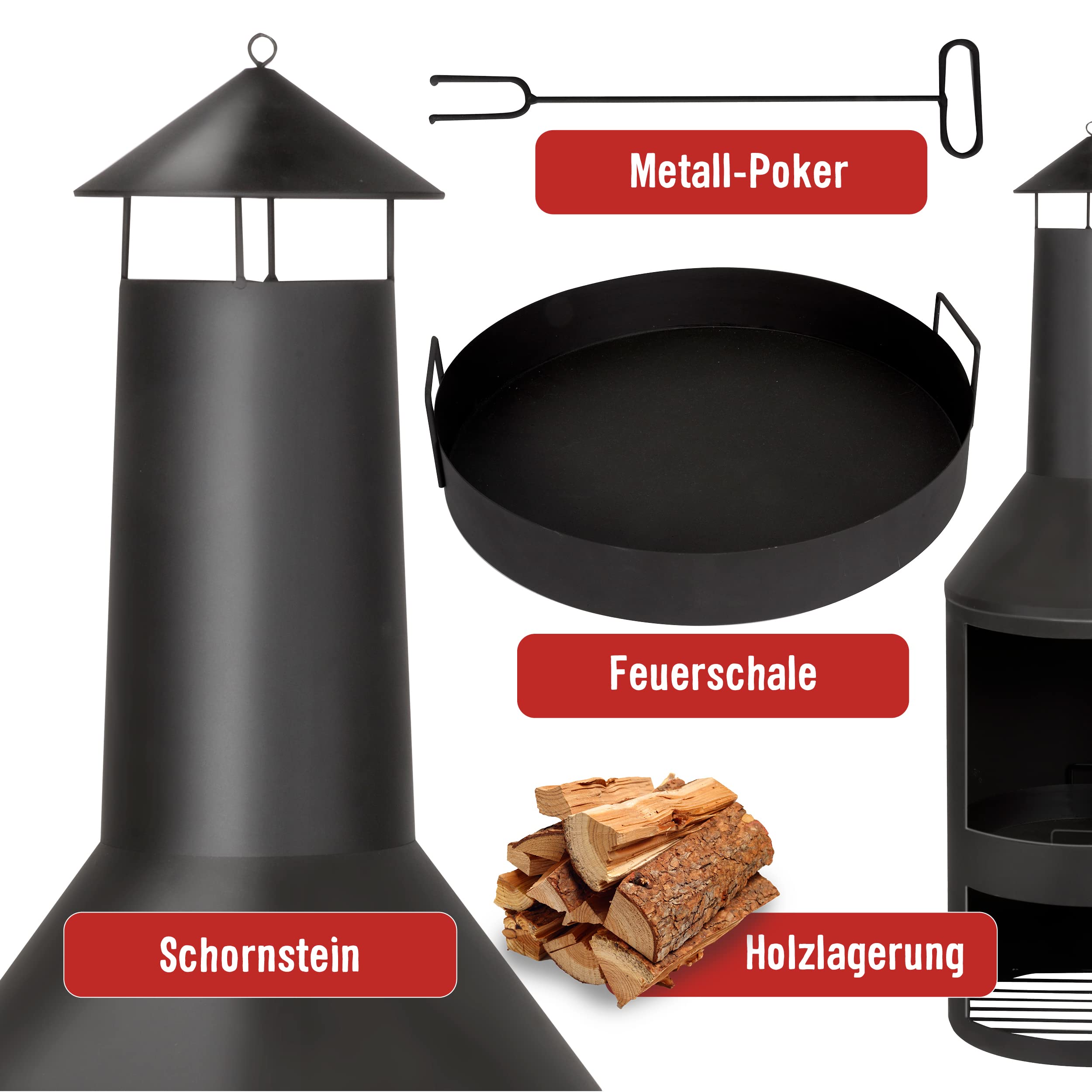 BBQ Collection Terrassenofen mit Schornstein - Feuerstelle 44,5 x 44,5 x 134 cm - Gartenkamin für Brennholz - Gartenofen mit Funkenschutz und Holzablage - Terassenofen Außen - Karbonstahl