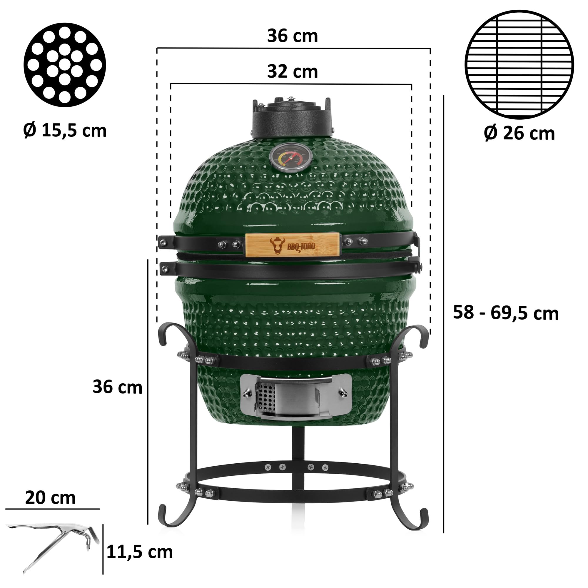 BBQ-Toro Kamado Grill Holzkohlegrill Haiiro Ø 32 cm | Grün | Mini Holzkohlegrill mit Thermometer & Holzgriffen | Keramikgrill rund | Ceramic Grill Ei, Smoker, BBQ Grillofen, Kamado BBQ