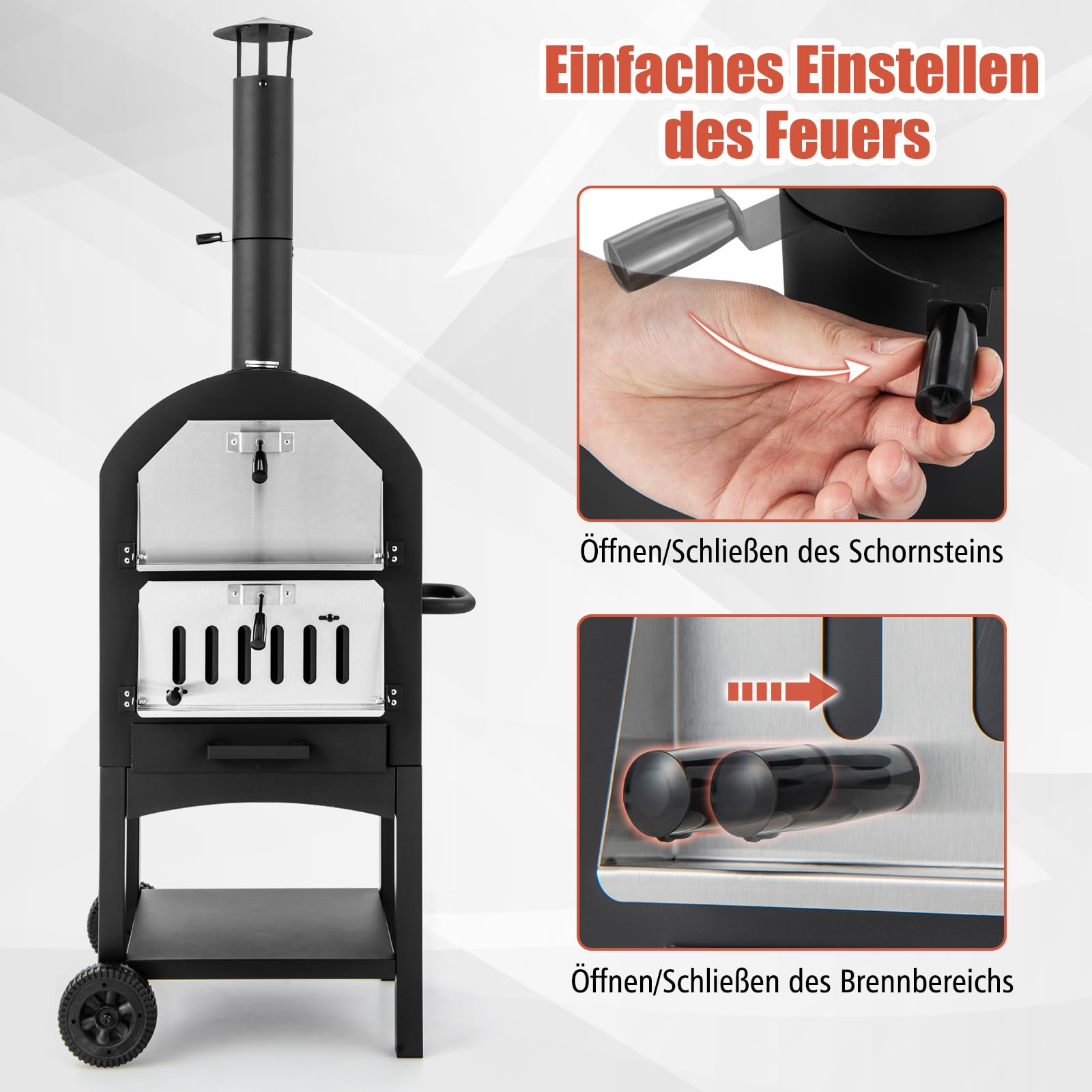 COSTWAY Pizzaofen Outdoor, holzbefeuerter Pizza Ofen mit eingebautem Thermometer, praktischem Griff, Rädern, wasserdichter Abdeckung & Ascheauffangschublade