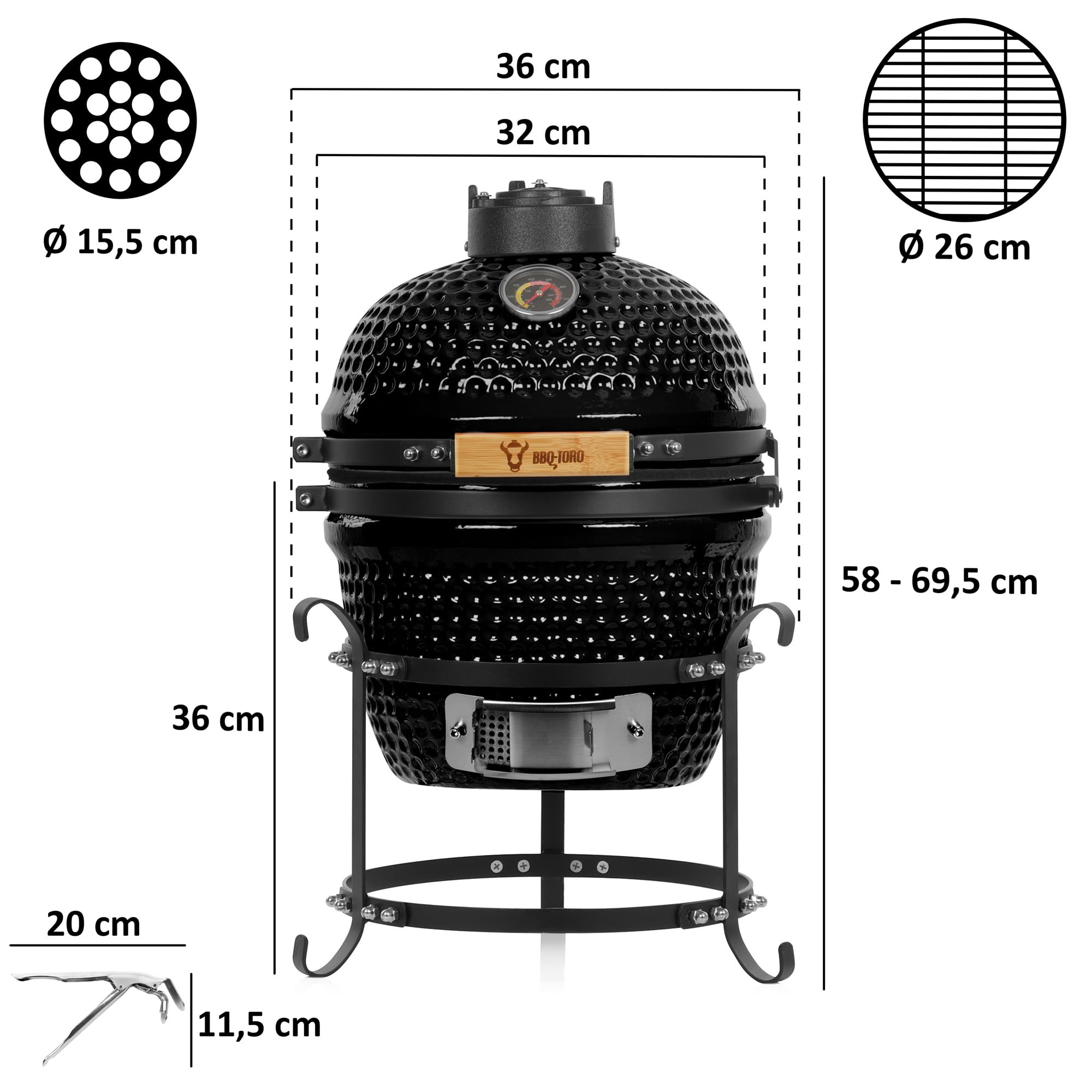 BBQ-Toro Kamado Grill Holzkohlegrill Haiiro Ø 32 cm | Schwarz | Mini Holzkohlegrill mit Thermometer & Holzgriffen | Keramikgrill rund | Ceramic Grill Ei, Smoker, BBQ Grillofen, Kamado BBQ