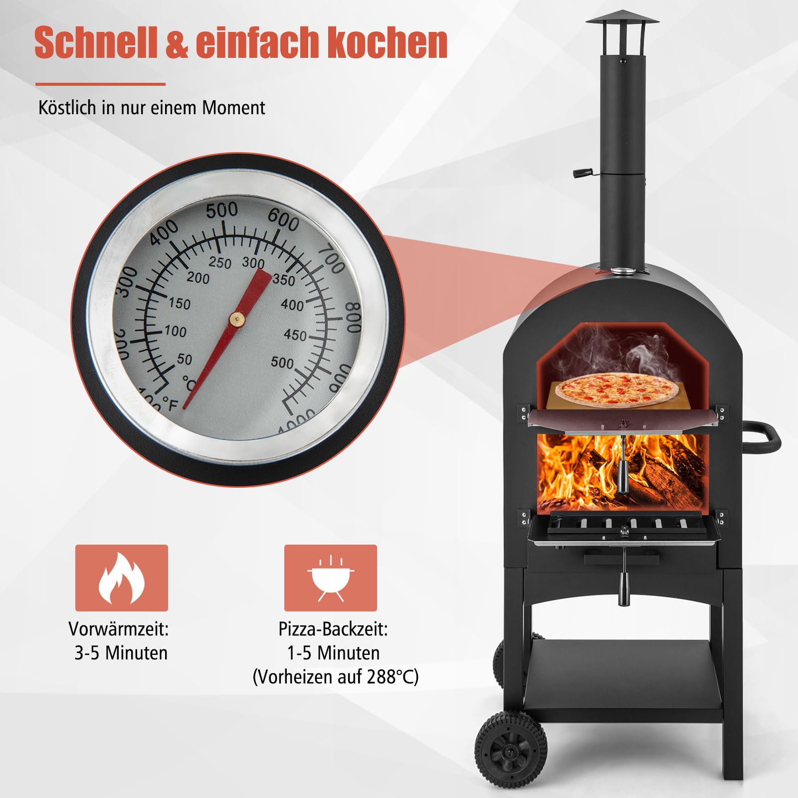 COSTWAY Pizzaofen Outdoor, holzbefeuerter Pizza Ofen mit eingebautem Thermometer, praktischem Griff, Rädern, wasserdichter Abdeckung & Ascheauffangschublade
