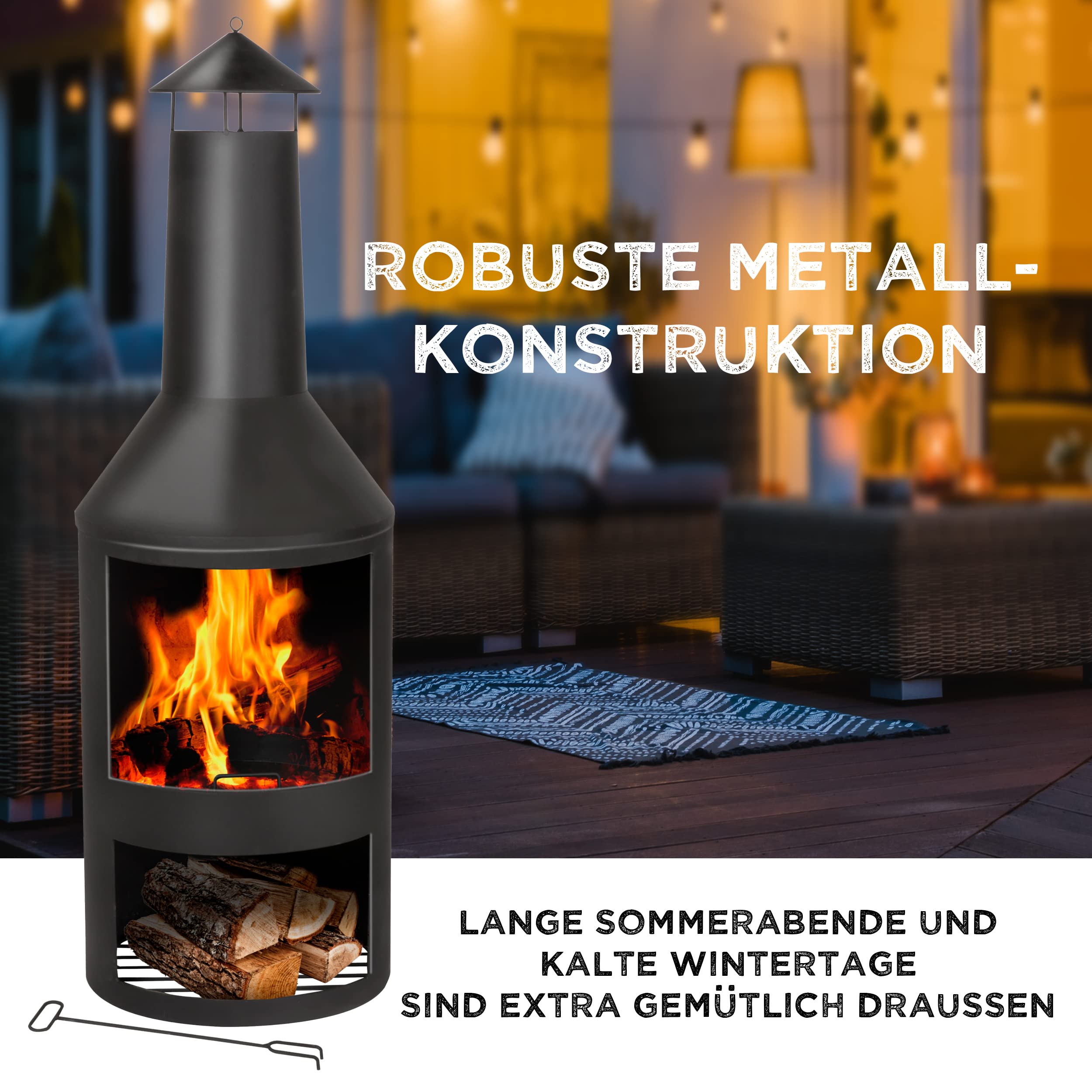 BBQ Collection Terrassenofen mit Schornstein - Feuerstelle 44,5 x 44,5 x 134 cm - Gartenkamin für Brennholz - Gartenofen mit Funkenschutz und Holzablage - Terassenofen Außen - Karbonstahl