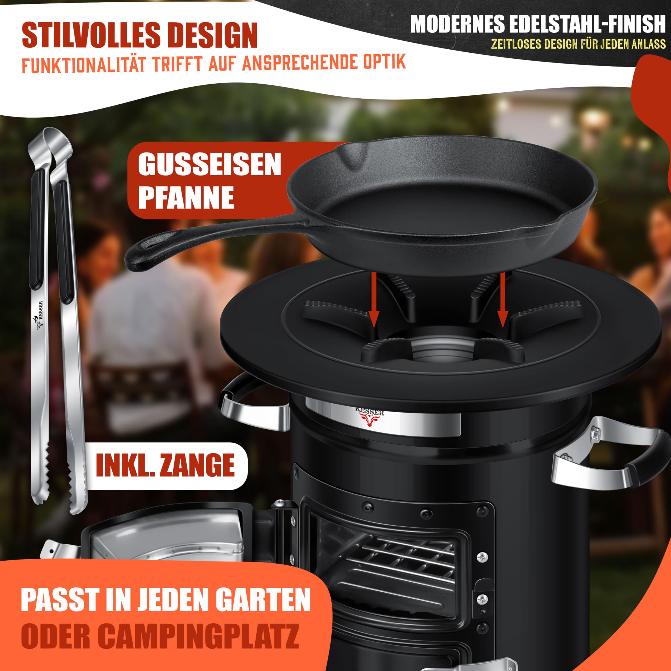 KESSER® Raketenofen mit Grillpfanne aus Gusseisen | inkl. Grillzange & Tragetasche | Dutch Oven 6 integrierte Spikes | BBQ Rakete Holzofen | Camping Outdoor-Campingkocher | Campinggrill Edelstahl