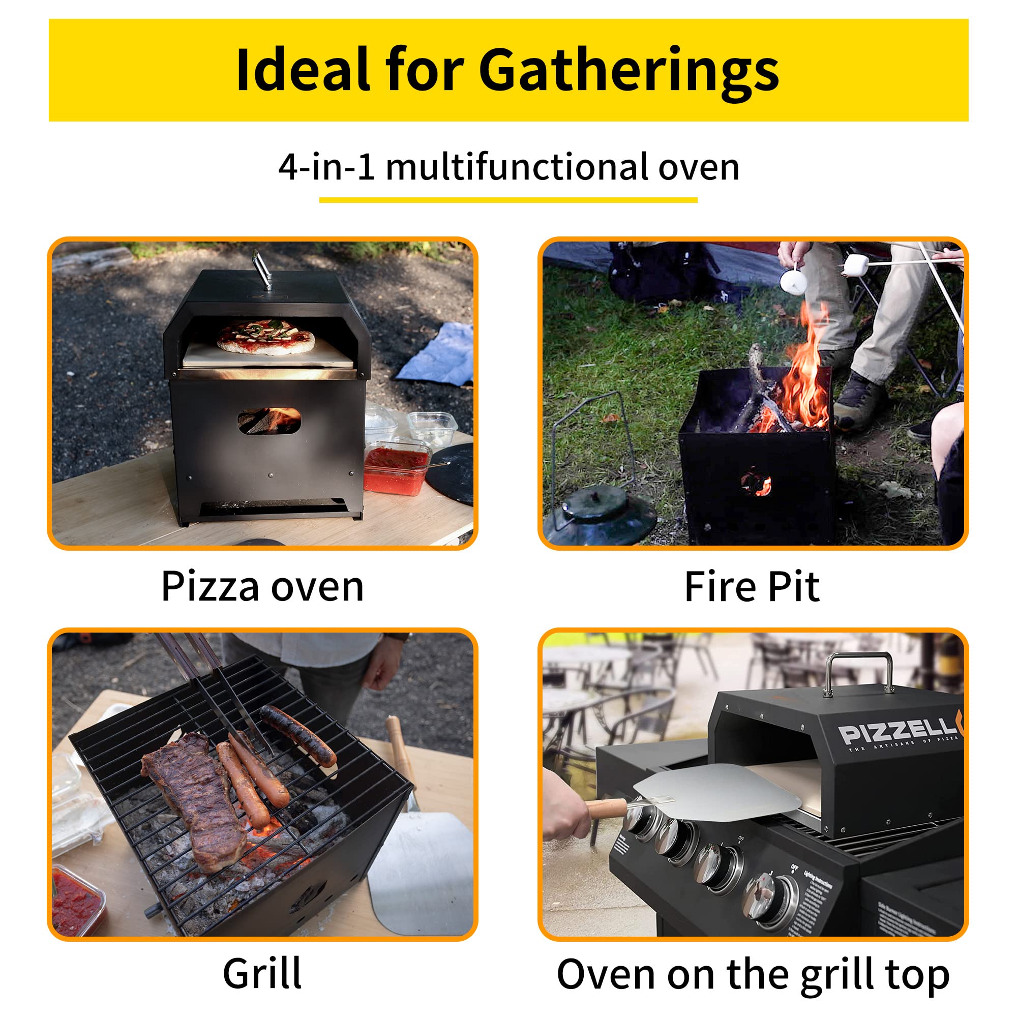 PIZZELLO Outdoor-Pizzaofen 4 in 1 holzbeheizter, abnehmbarer 2-Schicht-Außenofen mit Pizzastein, Pizzaschale, Deckel, Grillrost, Pizzello Gusto