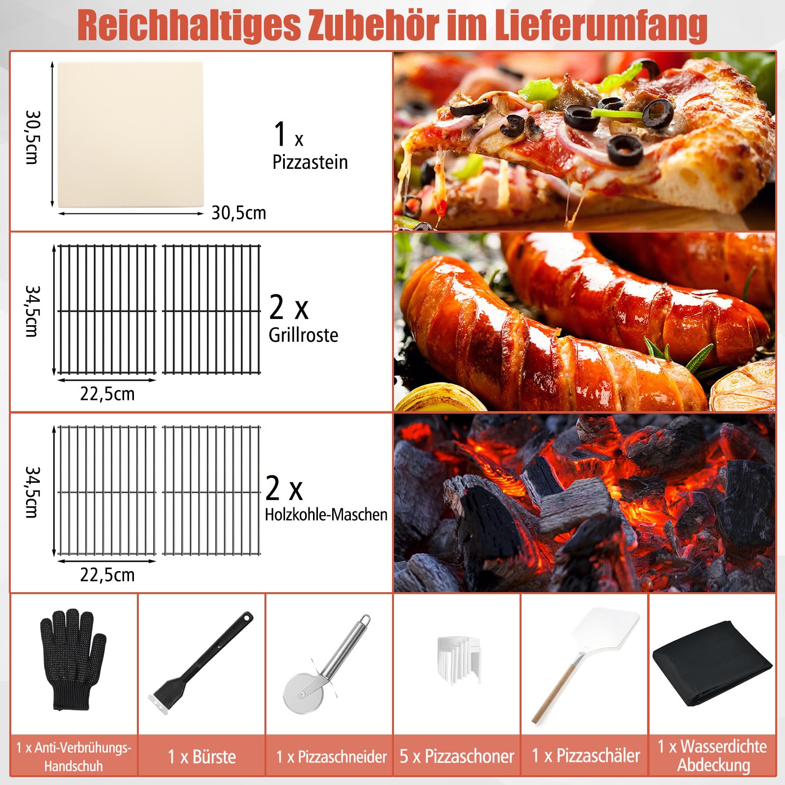 COSTWAY Pizzaofen Outdoor, holzbefeuerter Pizza Ofen mit eingebautem Thermometer, praktischem Griff, Rädern, wasserdichter Abdeckung & Ascheauffangschublade
