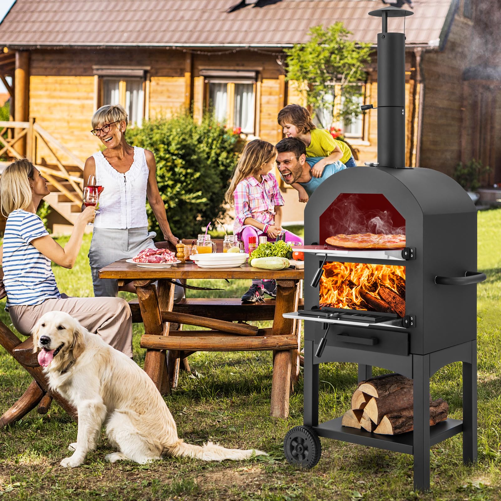COSTWAY Pizzaofen Outdoor, holzbefeuerter Pizza Ofen mit eingebautem Thermometer, praktischem Griff, Rädern, wasserdichter Abdeckung & Ascheauffangschublade