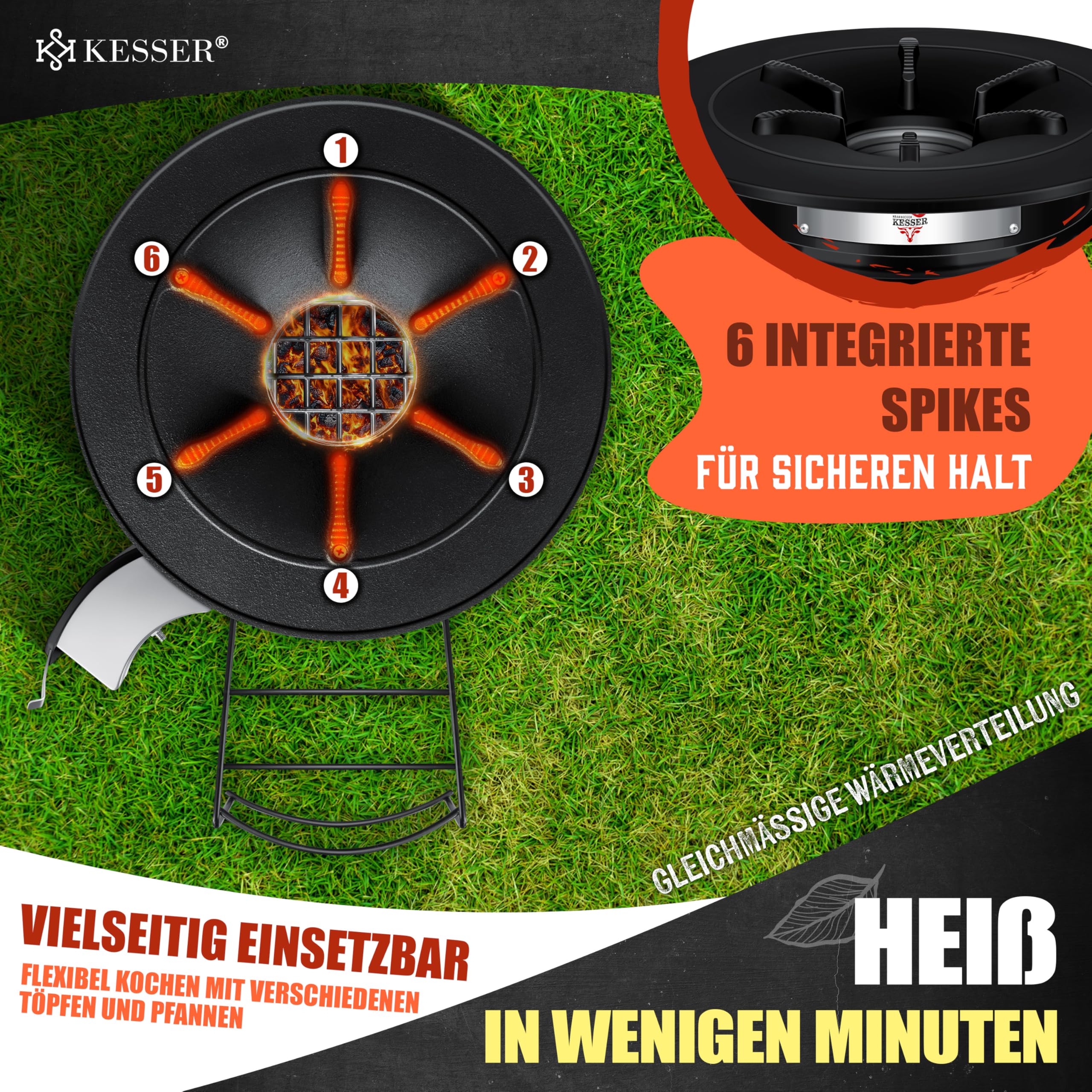 KESSER® Raketenofen mit Grillpfanne aus Gusseisen | inkl. Grillzange & Tragetasche | Dutch Oven 6 integrierte Spikes | BBQ Rakete Holzofen | Camping Outdoor-Campingkocher | Campinggrill Edelstahl