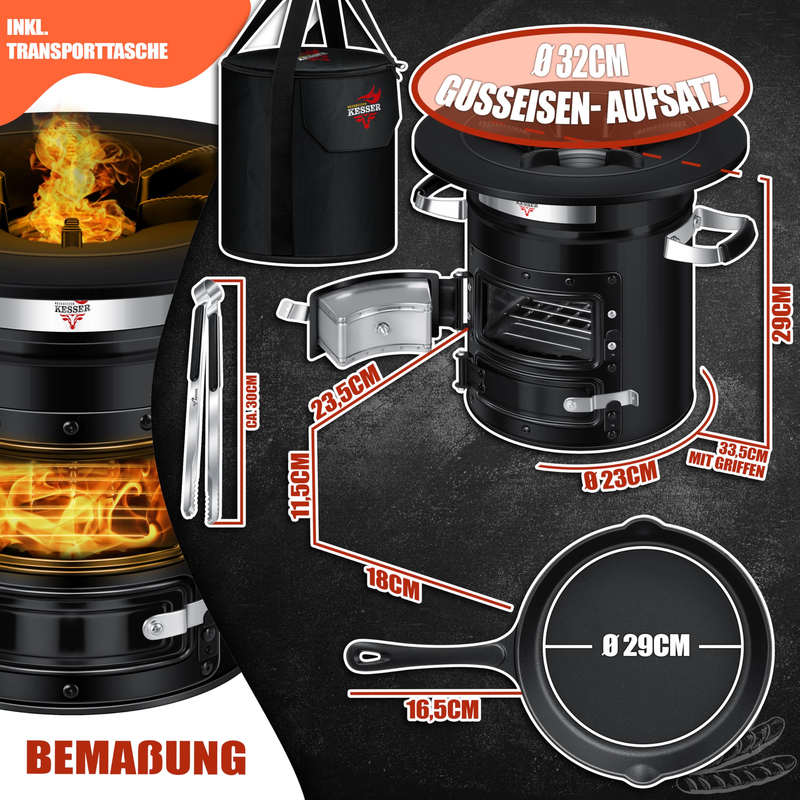 KESSER® Raketenofen mit Grillpfanne aus Gusseisen | inkl. Grillzange & Tragetasche | Dutch Oven 6 integrierte Spikes | BBQ Rakete Holzofen | Camping Outdoor-Campingkocher | Campinggrill Edelstahl