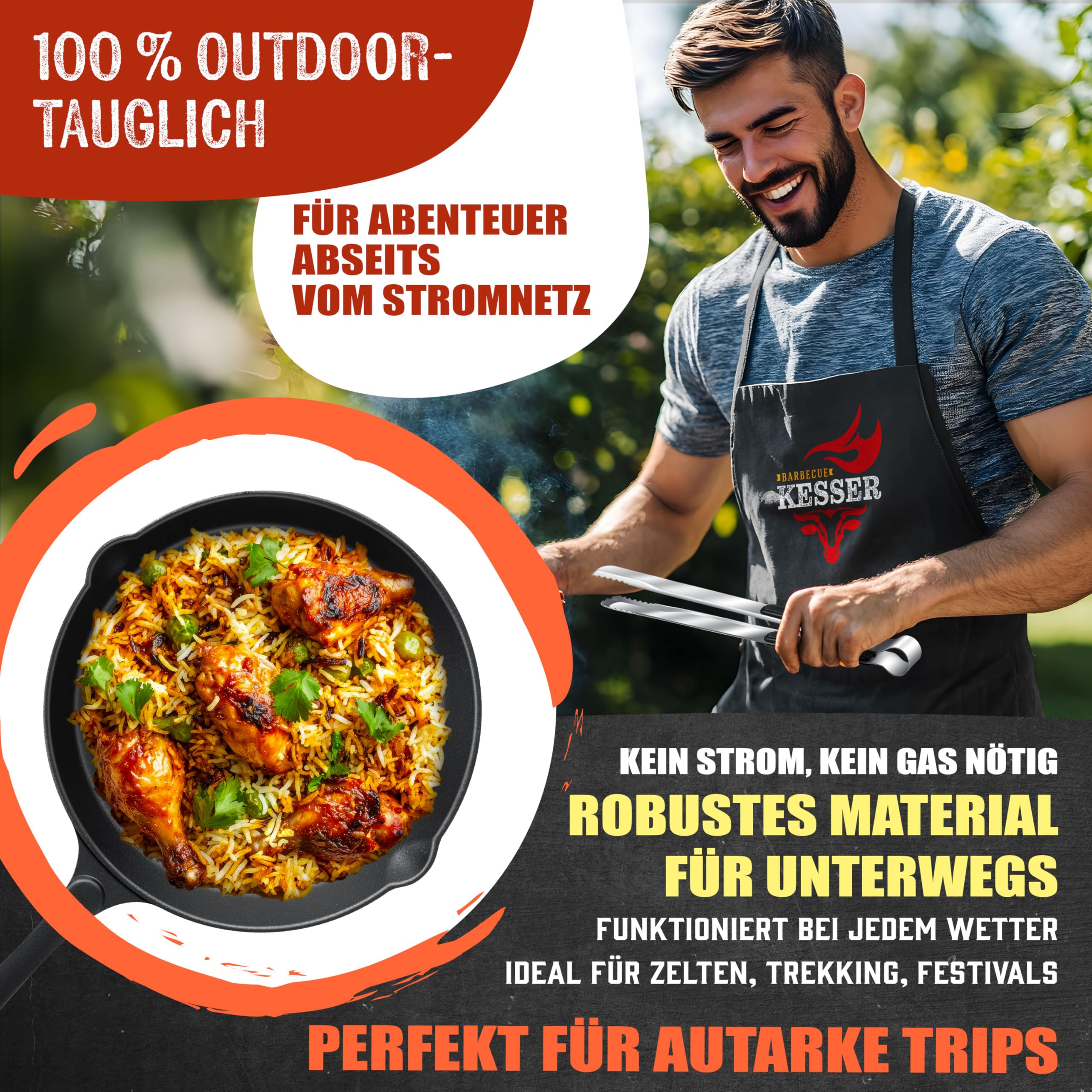KESSER® Raketenofen mit Grillpfanne aus Gusseisen | inkl. Grillzange & Tragetasche | Dutch Oven 6 integrierte Spikes | BBQ Rakete Holzofen | Camping Outdoor-Campingkocher | Campinggrill Edelstahl