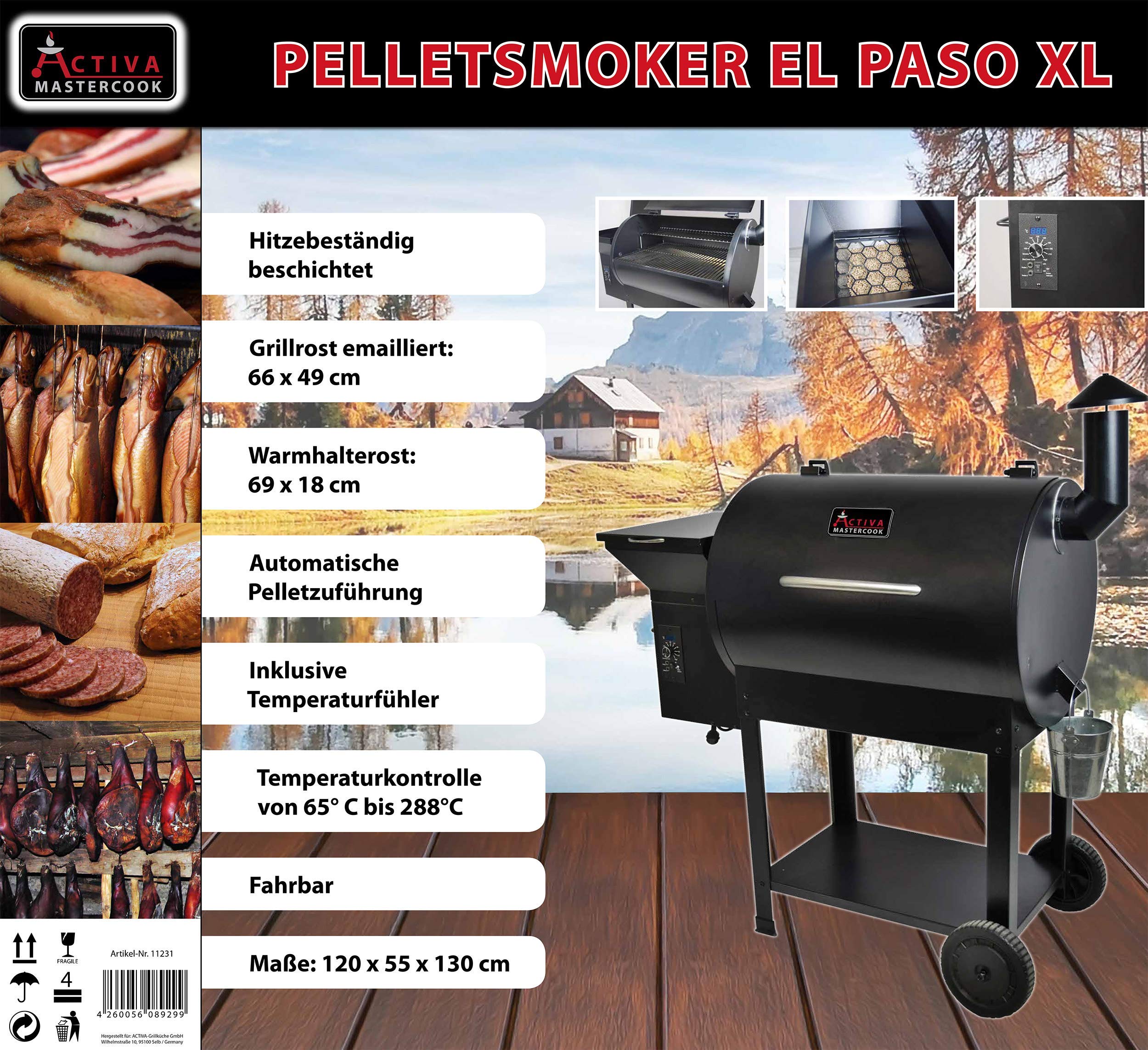 ACTIVA Smoker Grill El Paso I Pellet Smoker mit automatischer Pelletzuführung & Thermometer I Edelstahl-Grill für BBQ & Räuchern