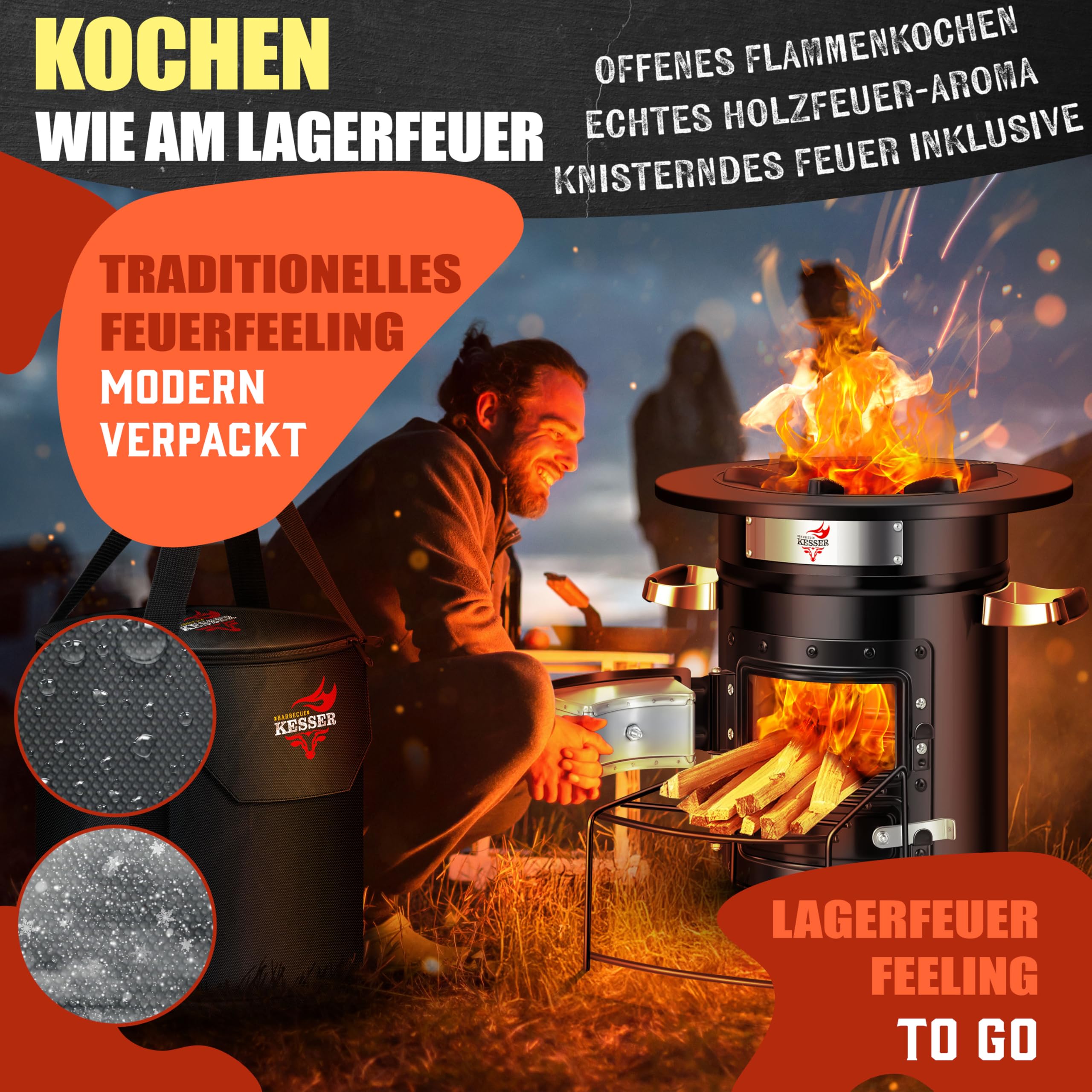 KESSER® Raketenofen mit Grillpfanne aus Gusseisen | inkl. Grillzange & Tragetasche | Dutch Oven 6 integrierte Spikes | BBQ Rakete Holzofen | Camping Outdoor-Campingkocher | Campinggrill Edelstahl
