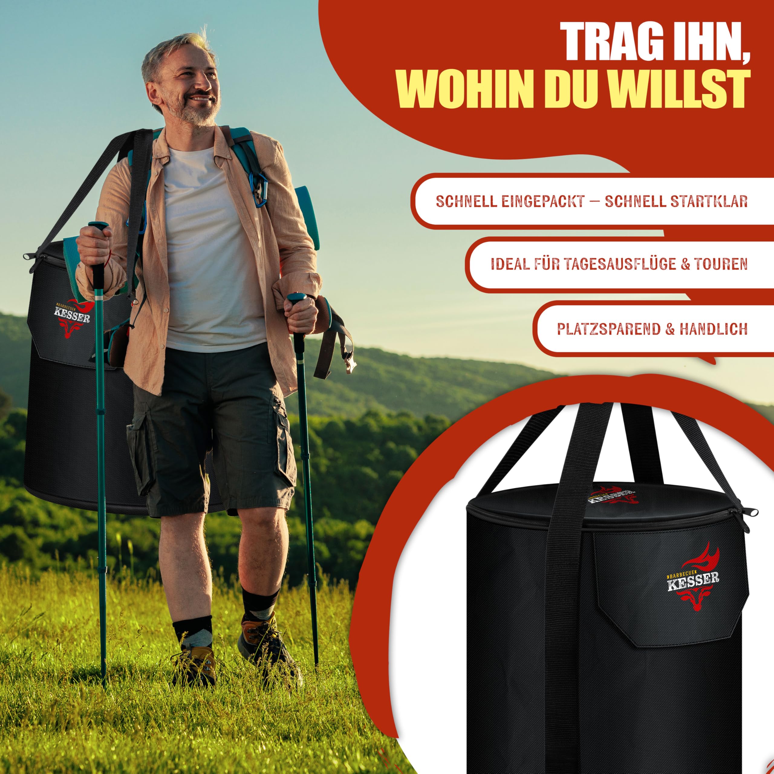 KESSER® Raketenofen mit Grillpfanne aus Gusseisen | inkl. Grillzange & Tragetasche | Dutch Oven 6 integrierte Spikes | BBQ Rakete Holzofen | Camping Outdoor-Campingkocher | Campinggrill Edelstahl