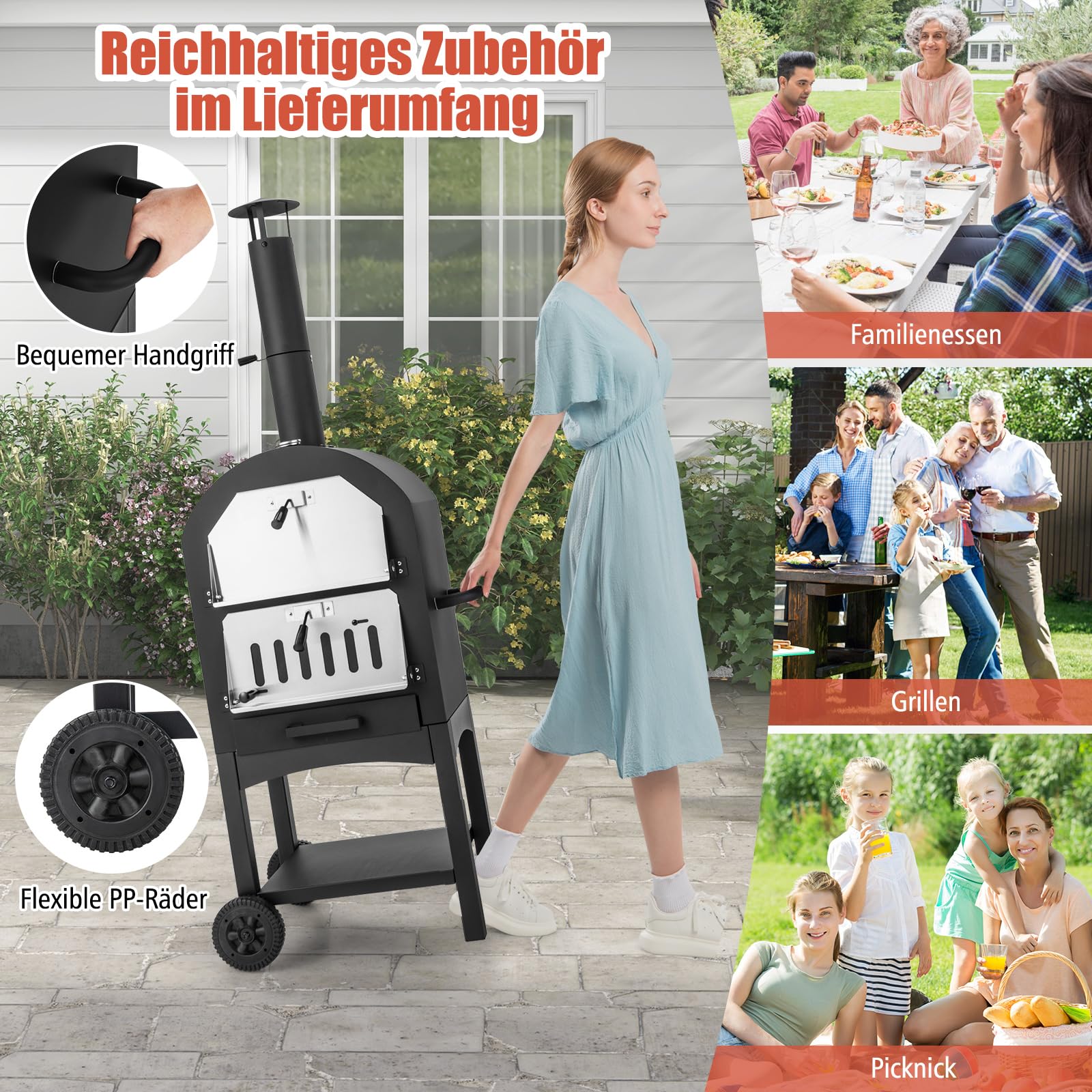 COSTWAY Pizzaofen Outdoor, holzbefeuerter Pizza Ofen mit eingebautem Thermometer, praktischem Griff, Rädern, wasserdichter Abdeckung & Ascheauffangschublade