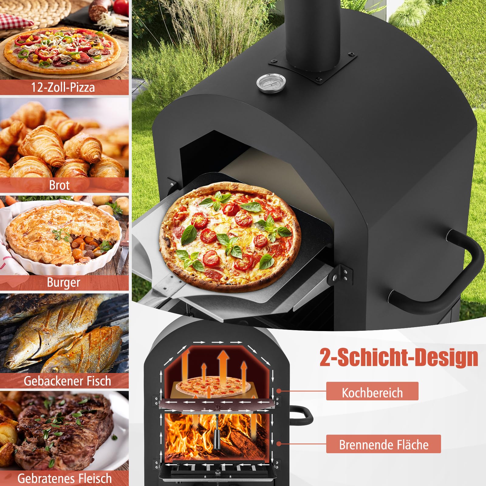 COSTWAY Pizzaofen Outdoor, holzbefeuerter Pizza Ofen mit eingebautem Thermometer, praktischem Griff, Rädern, wasserdichter Abdeckung & Ascheauffangschublade